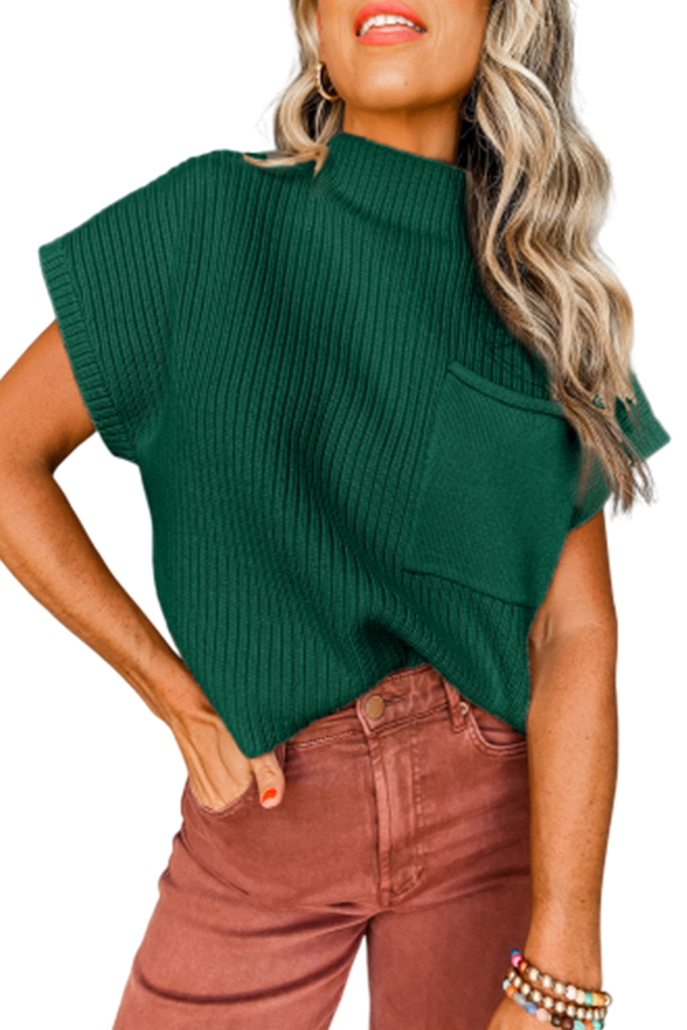 Lucky Green Patch Pocket Ribbed Knit Short Sleeve Sweater