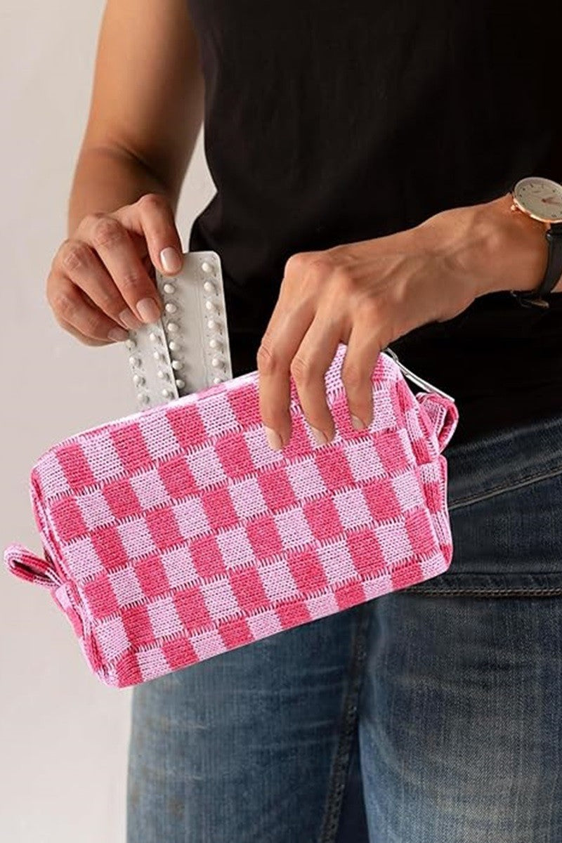 Zenana Checkered Pattern Knitted Cosmetic Pouch