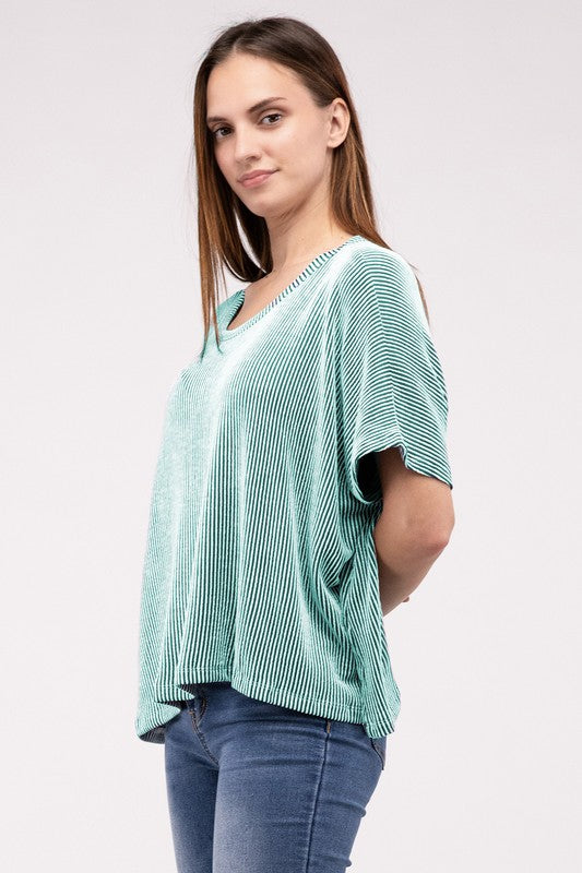 Zenana Ribbed Striped Oversized Short Sleeve Top