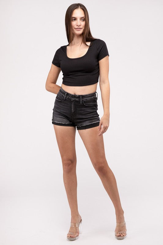 Zenana Washed Black Cuffed Raw Hem Denim Shorts