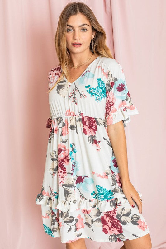 Floral V Neck Ruffle Dress