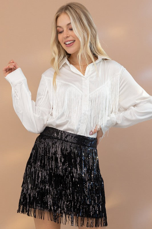 Western Way Satin Shirt Blouse with Chevron Fringe