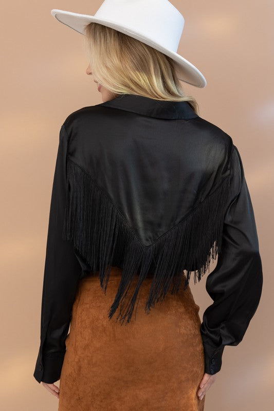 Western Way Satin Shirt Blouse with Chevron Fringe