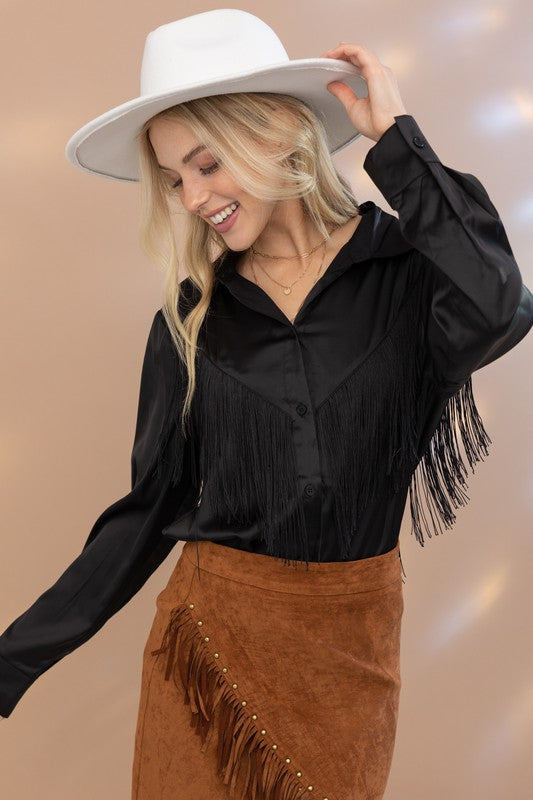 Western Way Satin Shirt Blouse with Chevron Fringe