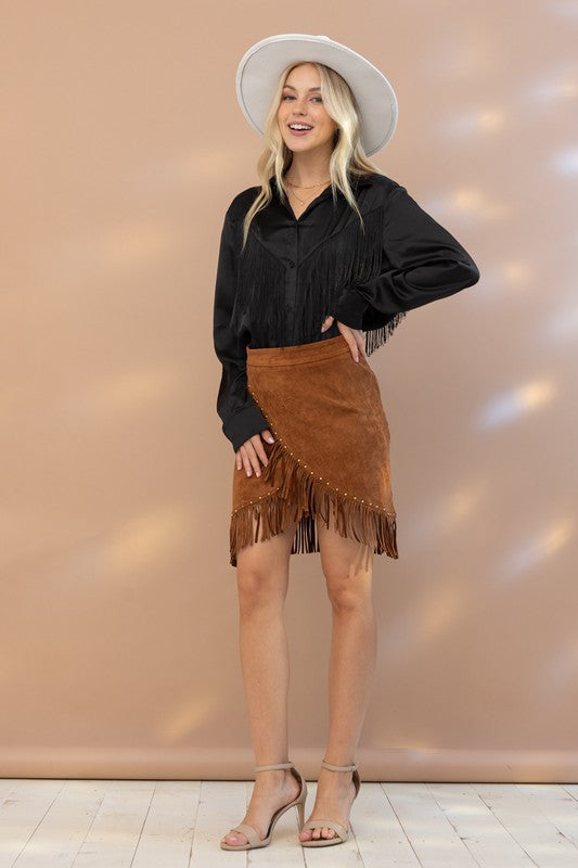 Western Way Satin Shirt Blouse with Chevron Fringe