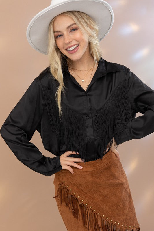 Western Way Satin Shirt Blouse with Chevron Fringe