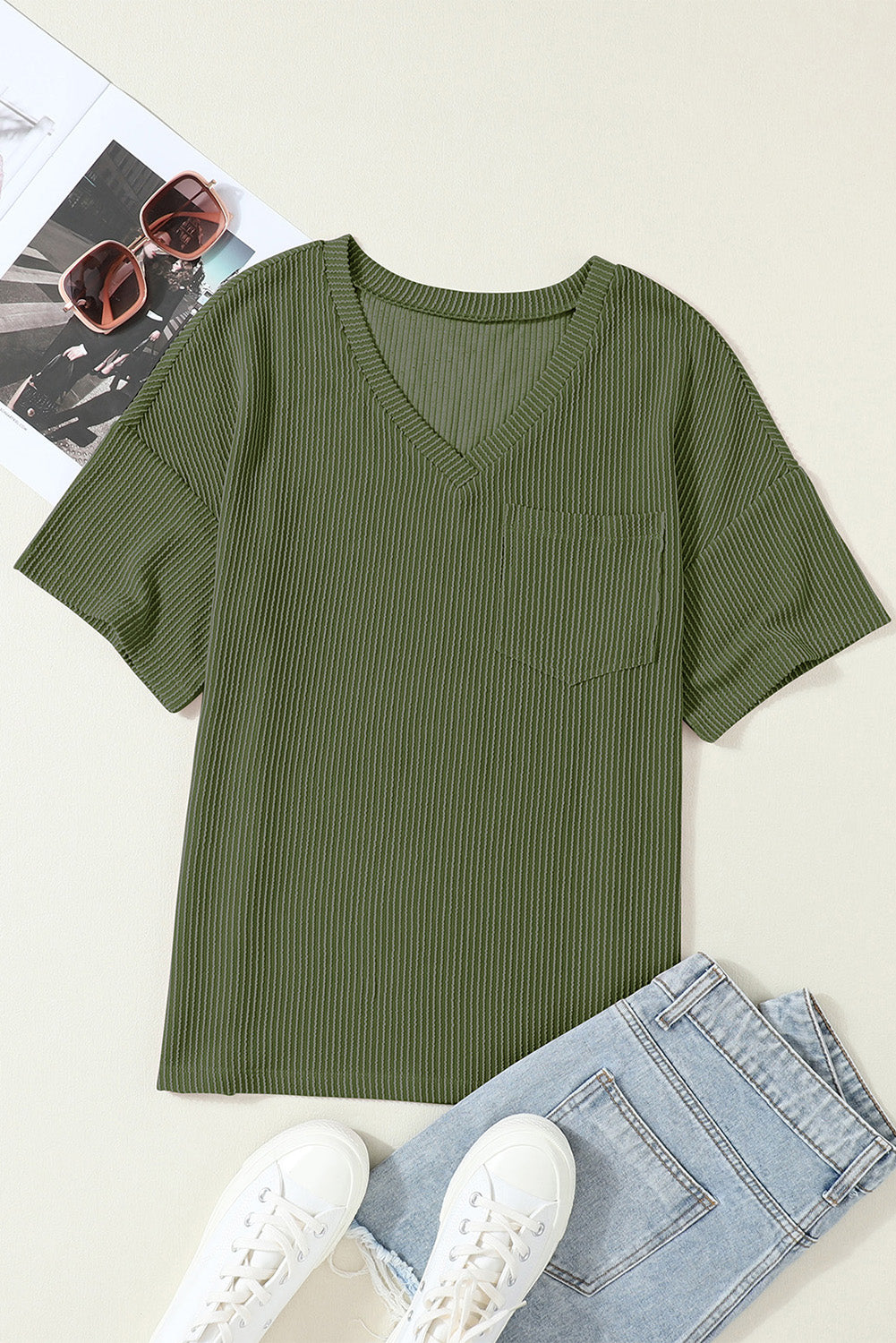 Jungle Green Corded V Neck Chest Pocket Loose T-shirt