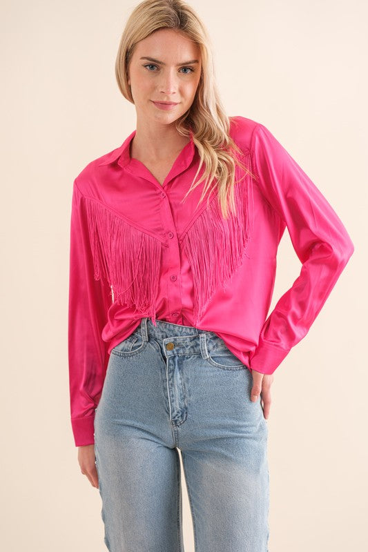 Western Way Satin Shirt Blouse with Chevron Fringe