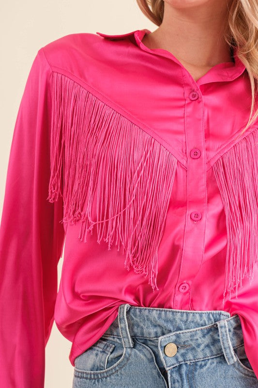 Western Way Satin Shirt Blouse with Chevron Fringe