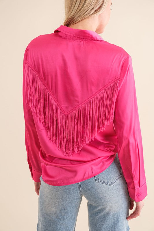 Western Way Satin Shirt Blouse with Chevron Fringe