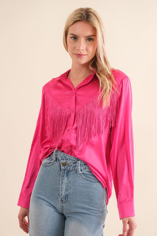 Western Way Satin Shirt Blouse with Chevron Fringe