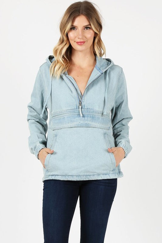 Quarter Zip Denim Hoodie Jacket