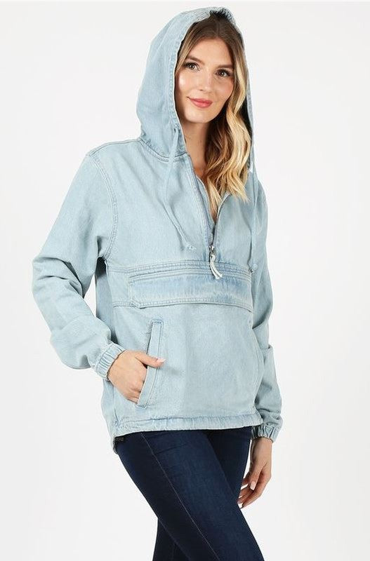 Quarter Zip Denim Hoodie Jacket