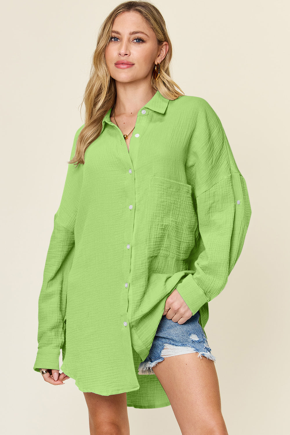 Double Take Full Size Pocketed Texture Button Up Shirt