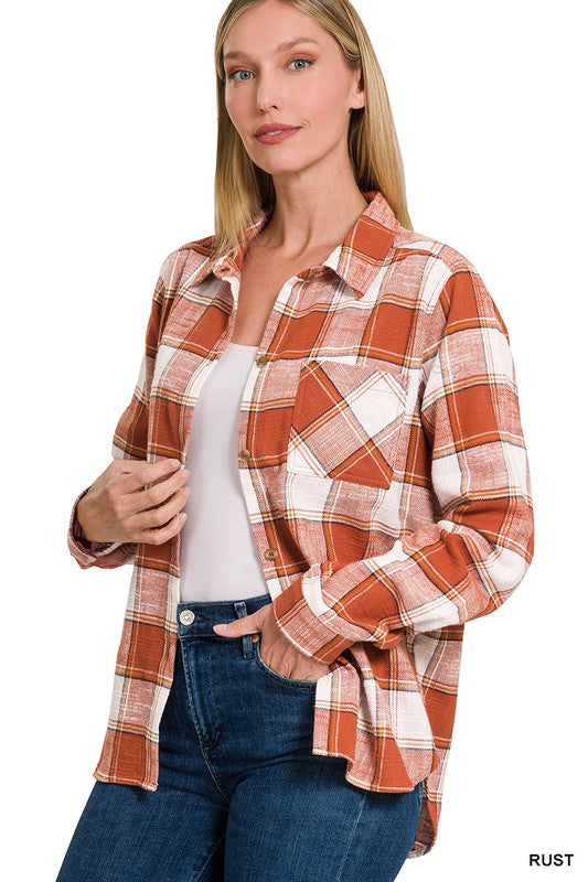 Zenana Cotton Plaid Shacket With Front Pocket