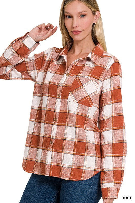 Zenana Cotton Plaid Shacket With Front Pocket