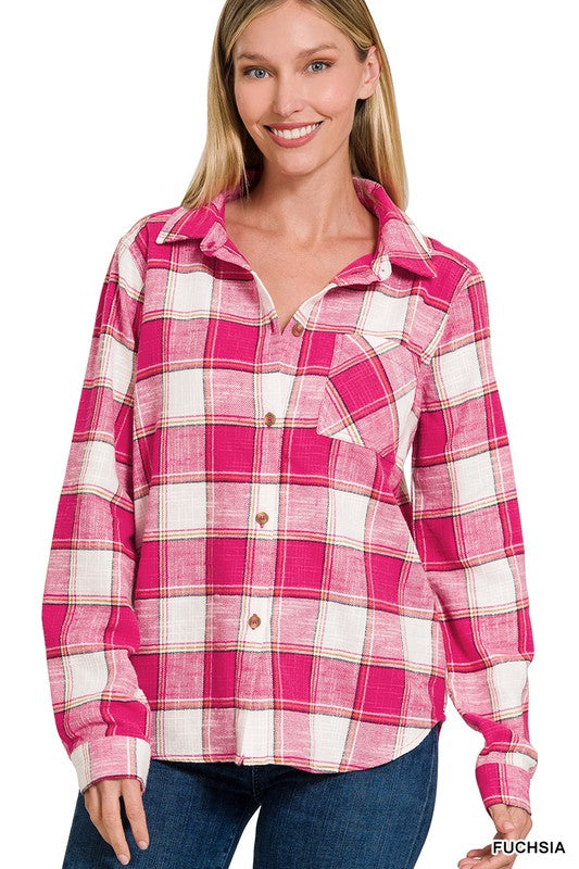 Zenana Cotton Plaid Shacket With Front Pocket