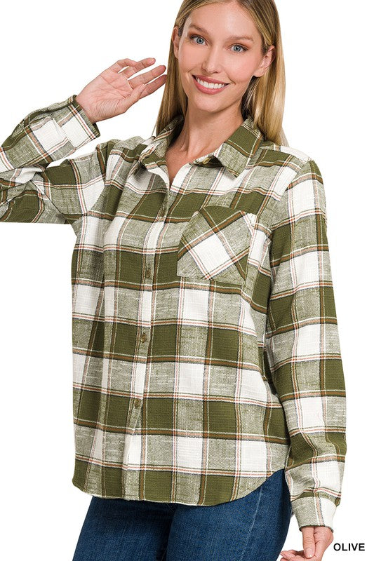 Zenana Cotton Plaid Shacket With Front Pocket