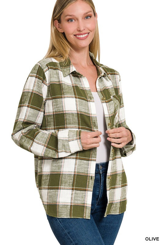 Zenana Cotton Plaid Shacket With Front Pocket