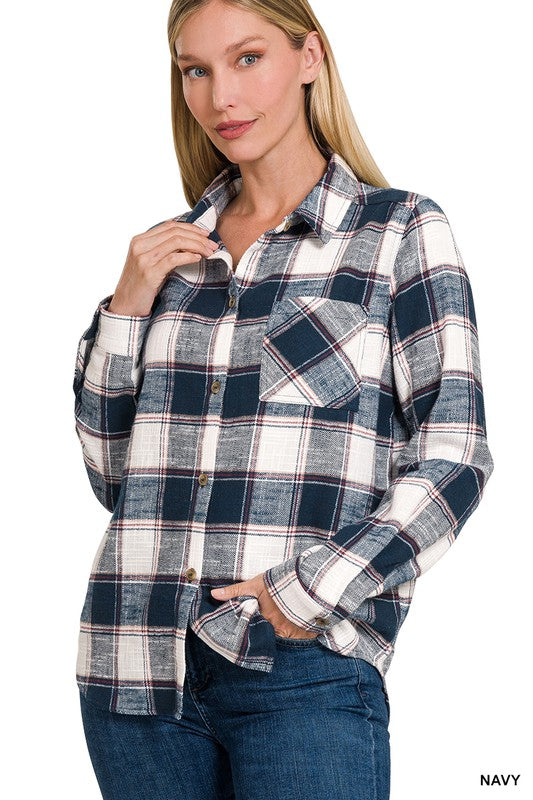 Zenana Cotton Plaid Shacket With Front Pocket