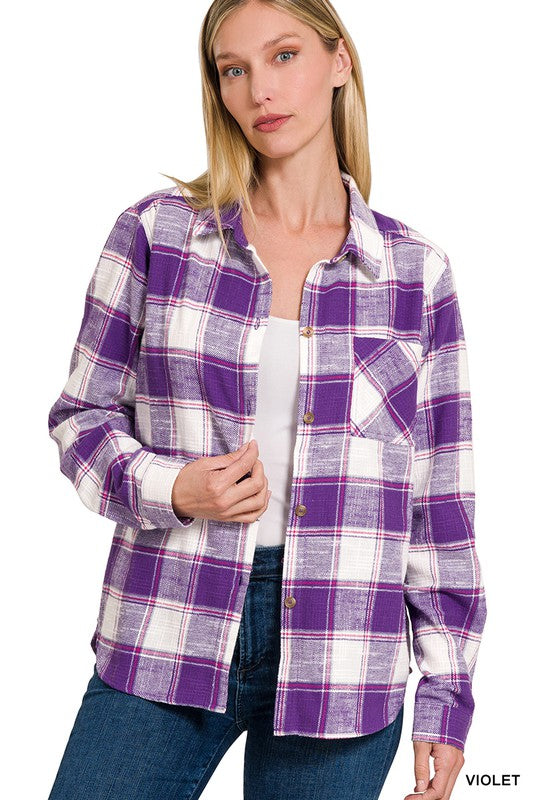 Zenana Cotton Plaid Shacket With Front Pocket