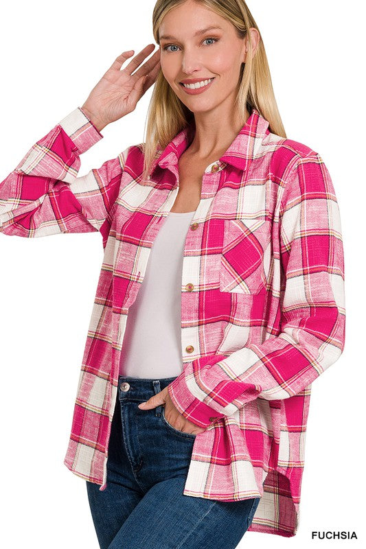 Zenana Cotton Plaid Shacket With Front Pocket