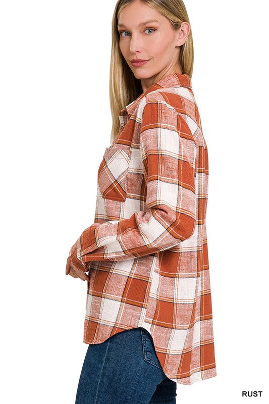 Zenana Cotton Plaid Shacket With Front Pocket