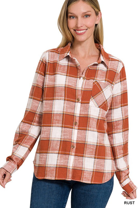 Zenana Cotton Plaid Shacket With Front Pocket