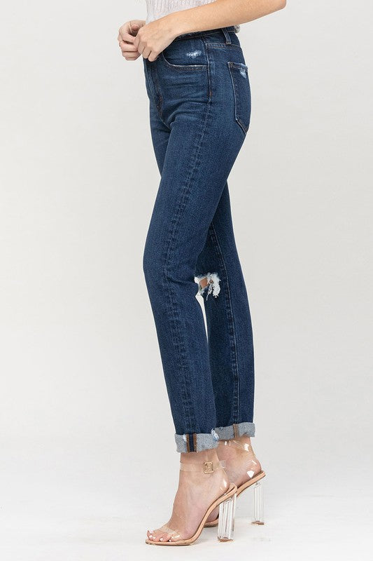 Flying Monkey Distressed Roll Up Stretch Mom Jeans