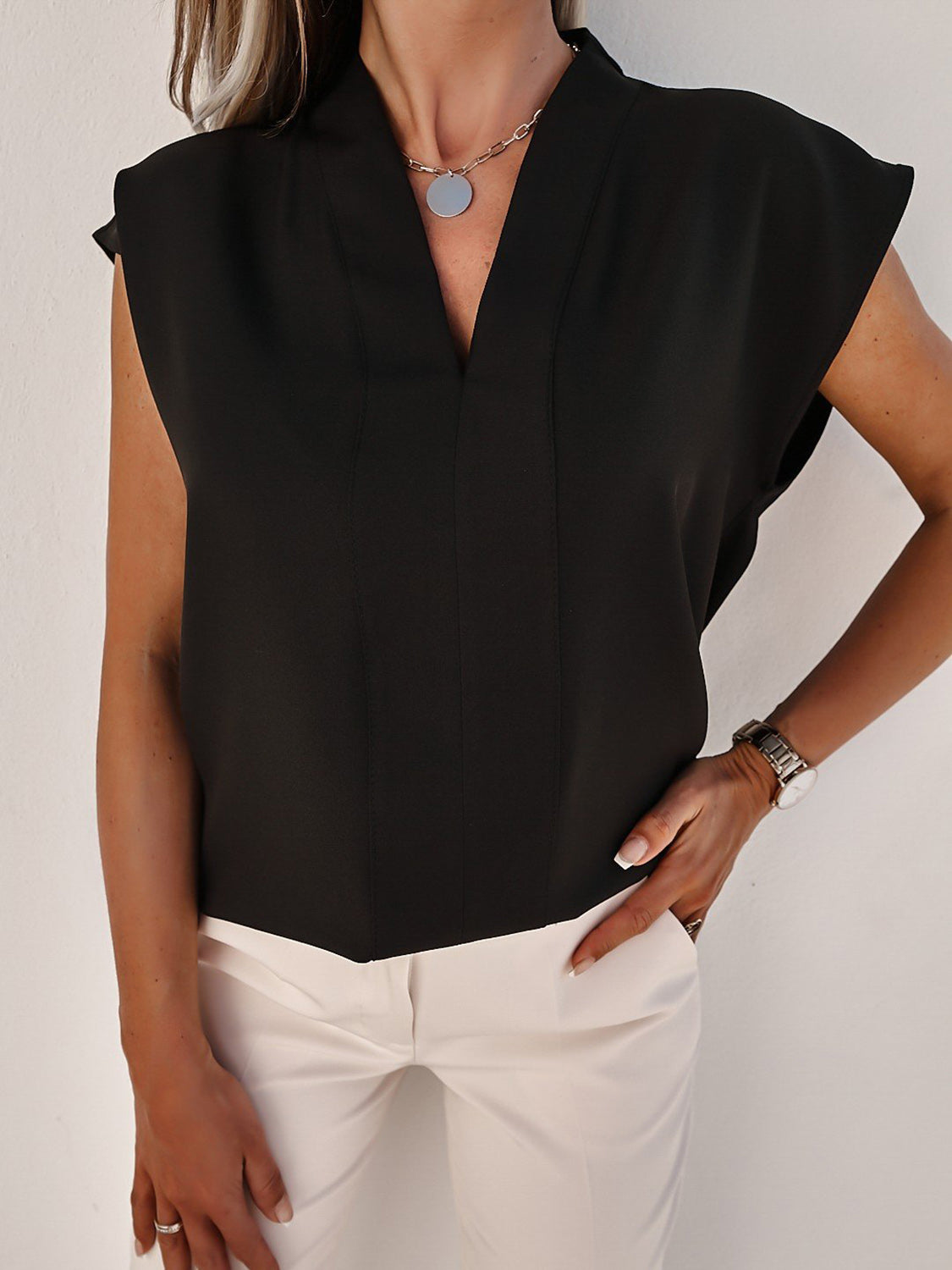 V-Neck Cap Sleeve Blouse