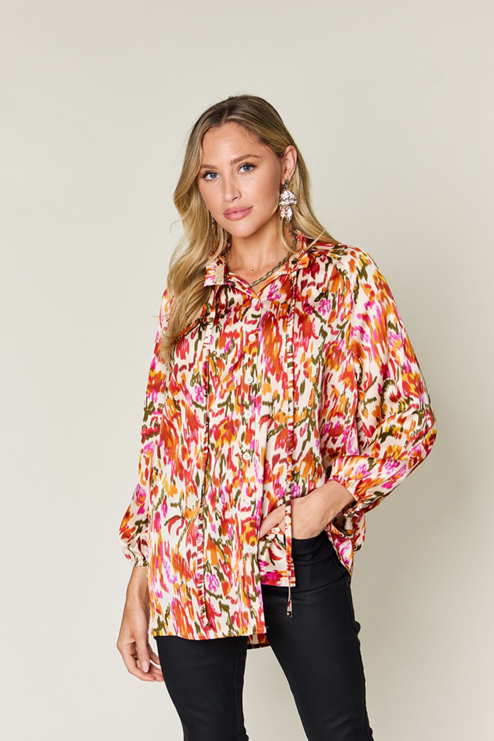 Double Take Full Size Printed Button Up Long Sleeve Shirt