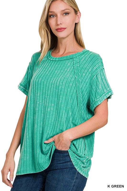 Zenana Ribbed Raglan Dolman Sleeve Boat-Neck Top