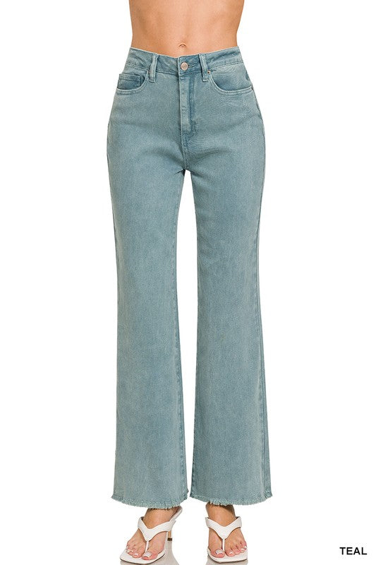 Zenana Acid Washed Frayed Cutoff Hem Straight Wide Pants