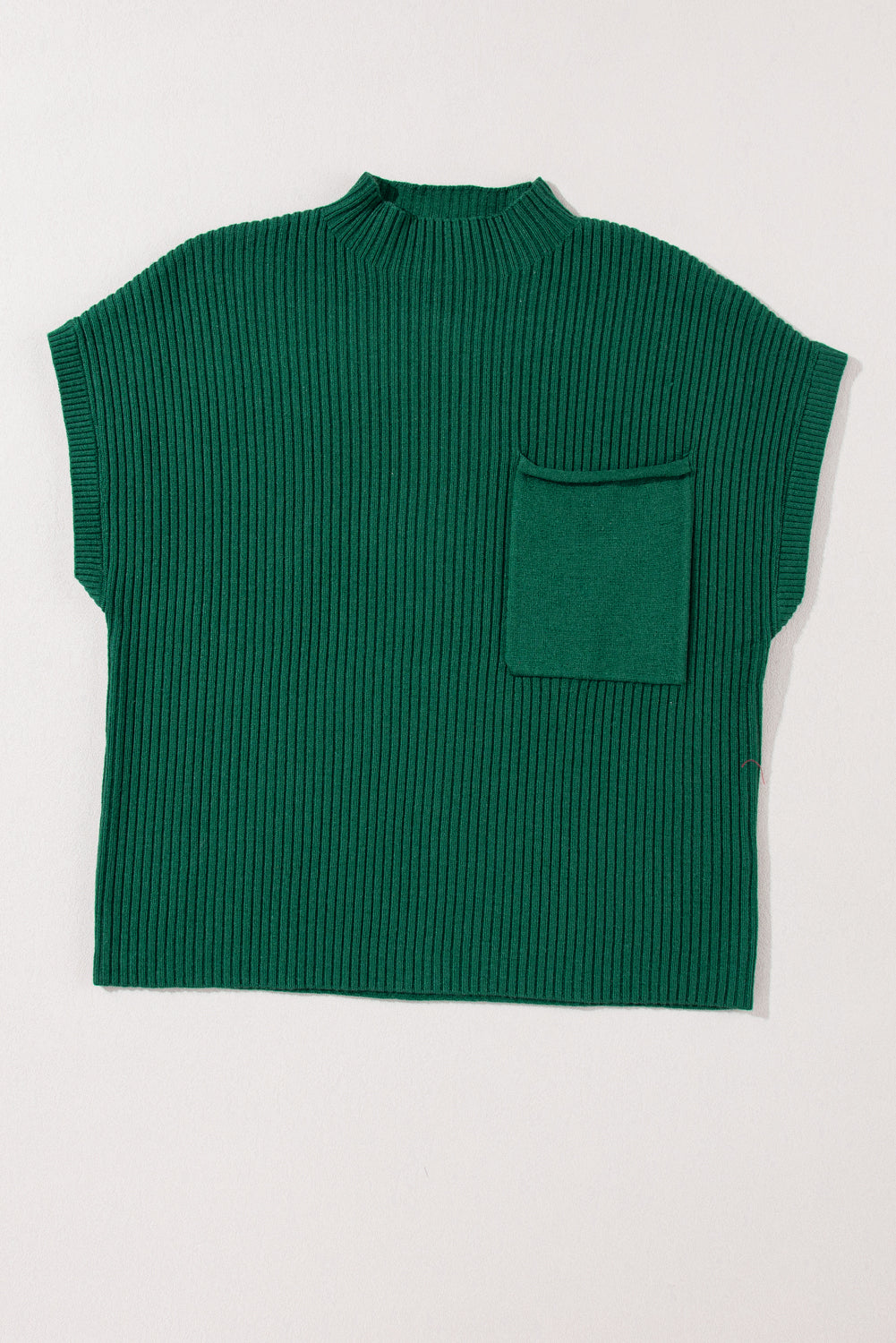 Lucky Green Patch Pocket Ribbed Knit Short Sleeve Sweater