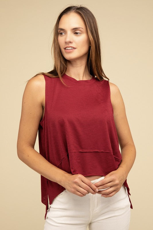 Shark Bite Side Slit Short Sleeveless Top