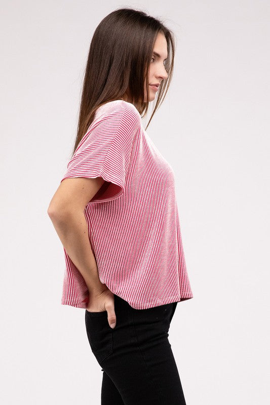 Zenana Ribbed Striped Oversized Short Sleeve Top