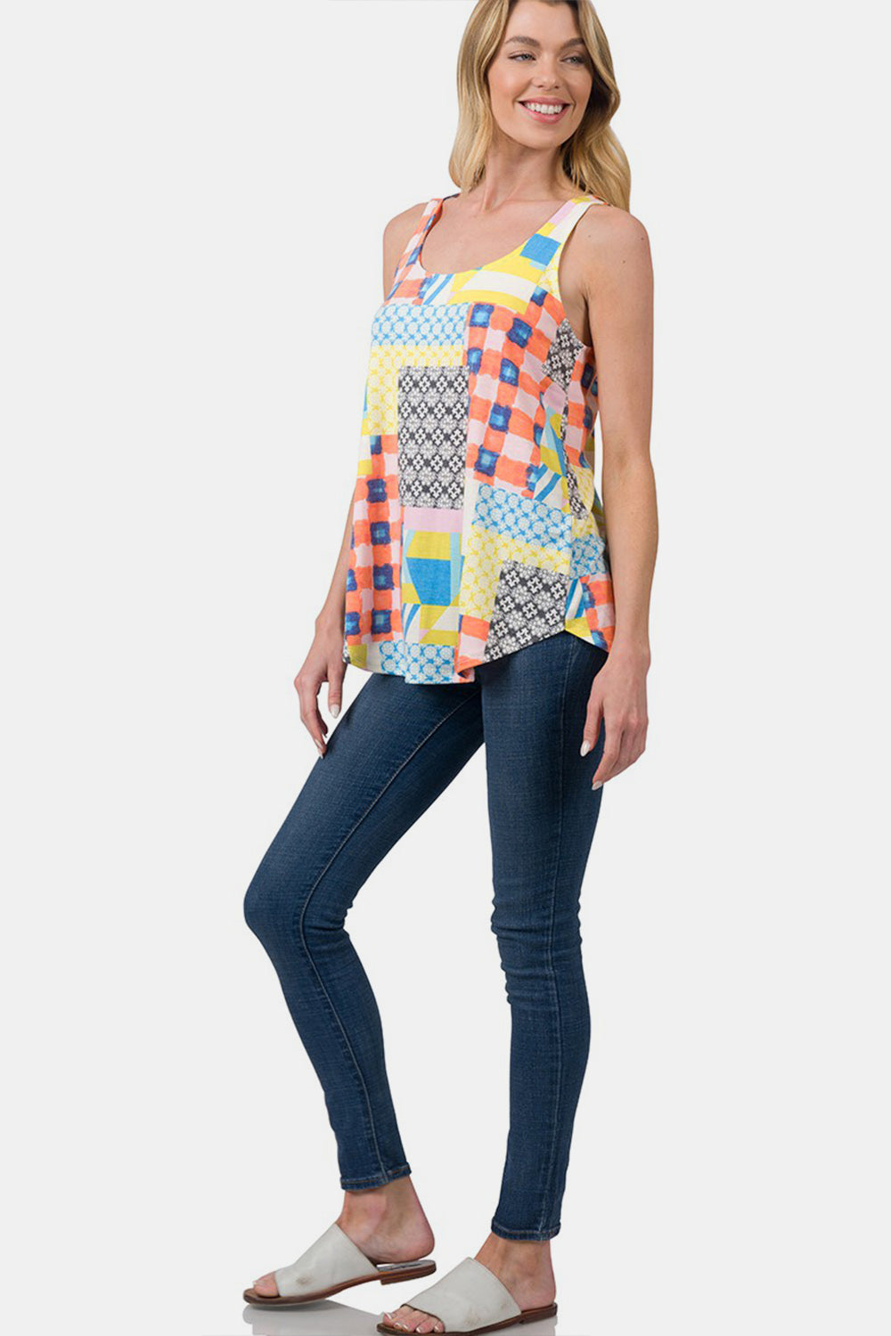 Zenana Patchwork Curved Hem Tank Top