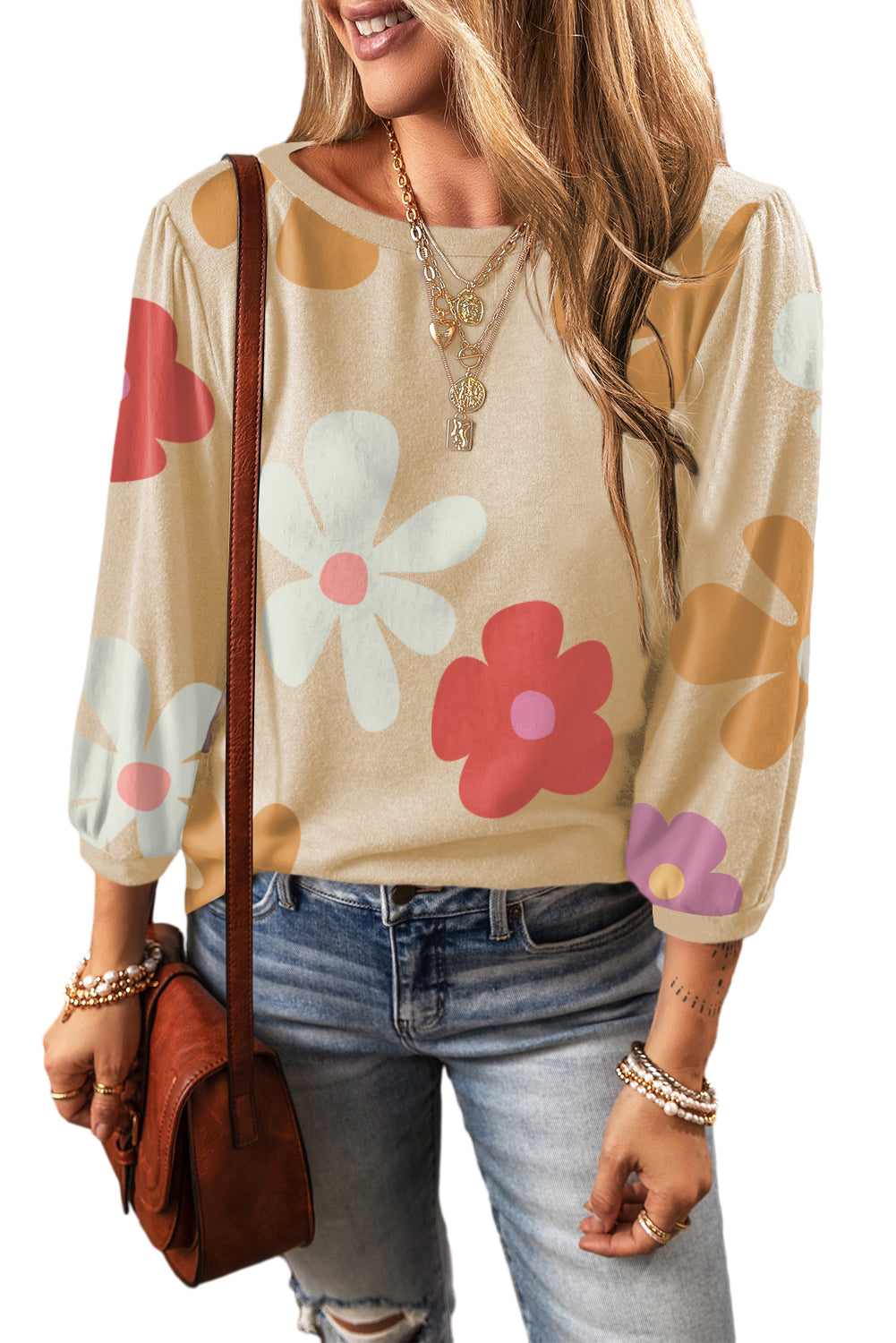 Apricot Cute Flower Print Long Sleeve Top