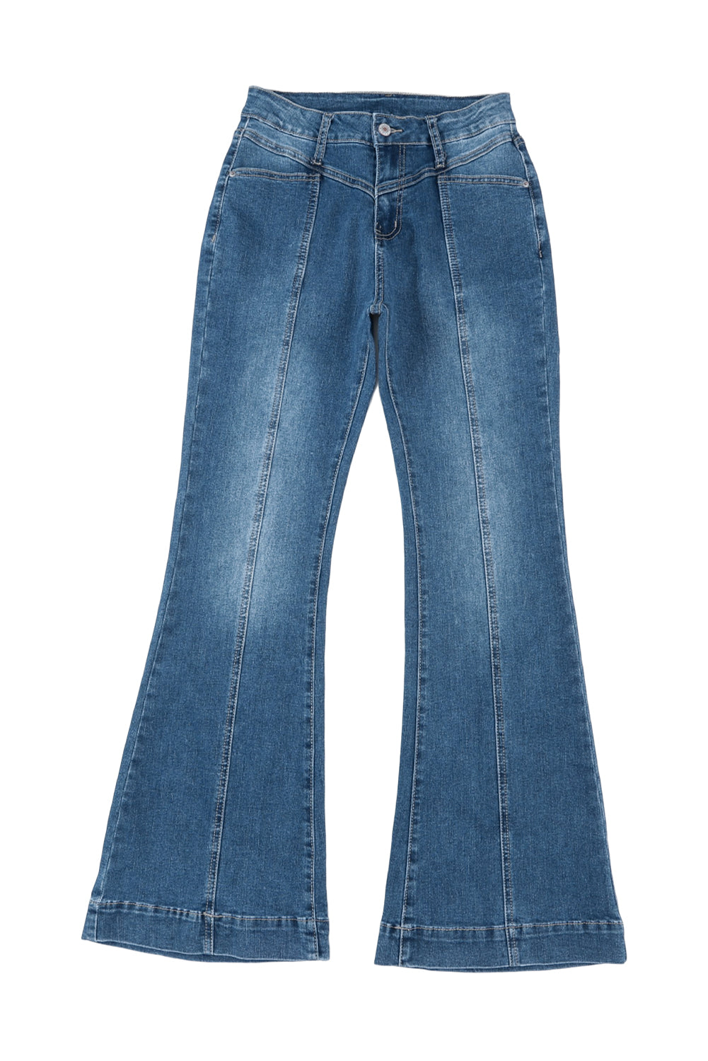 Blue High Waist Seam Stitching Pocket Flare Jeans