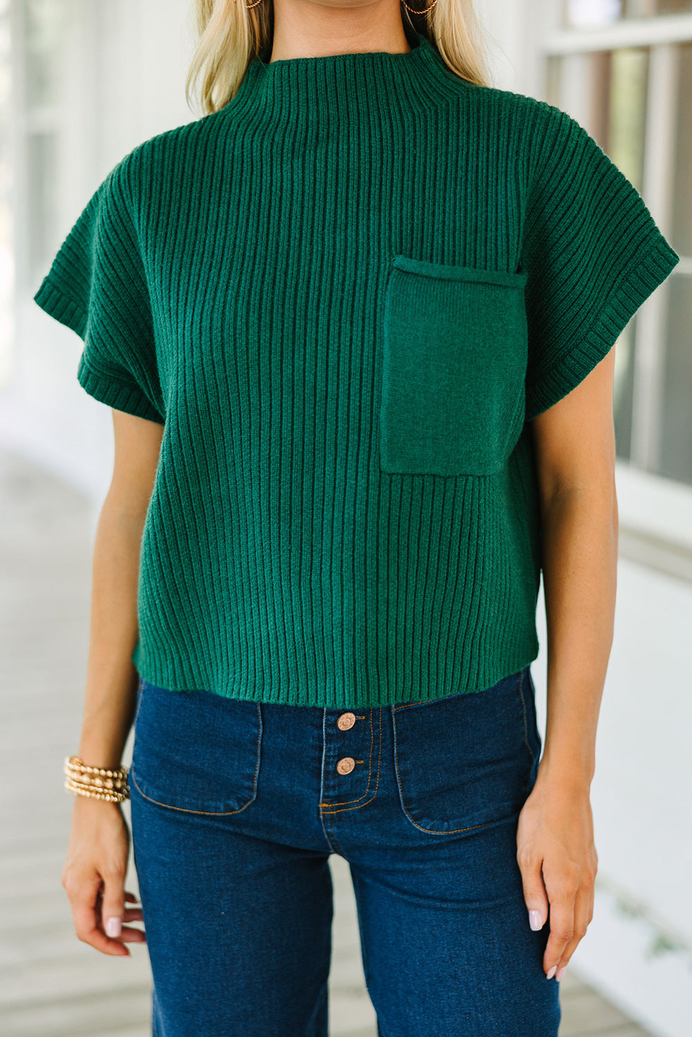 Lucky Green Patch Pocket Ribbed Knit Short Sleeve Sweater