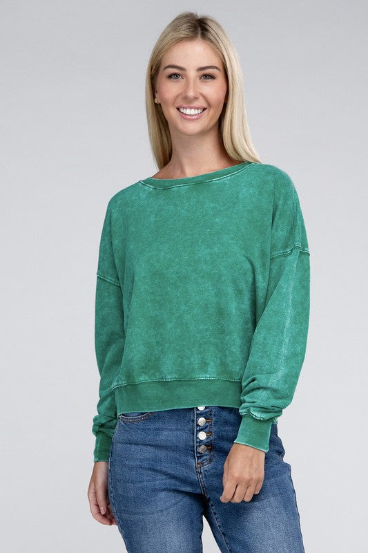 Zenana French Terry Acid Wash Boat Neck Pullover