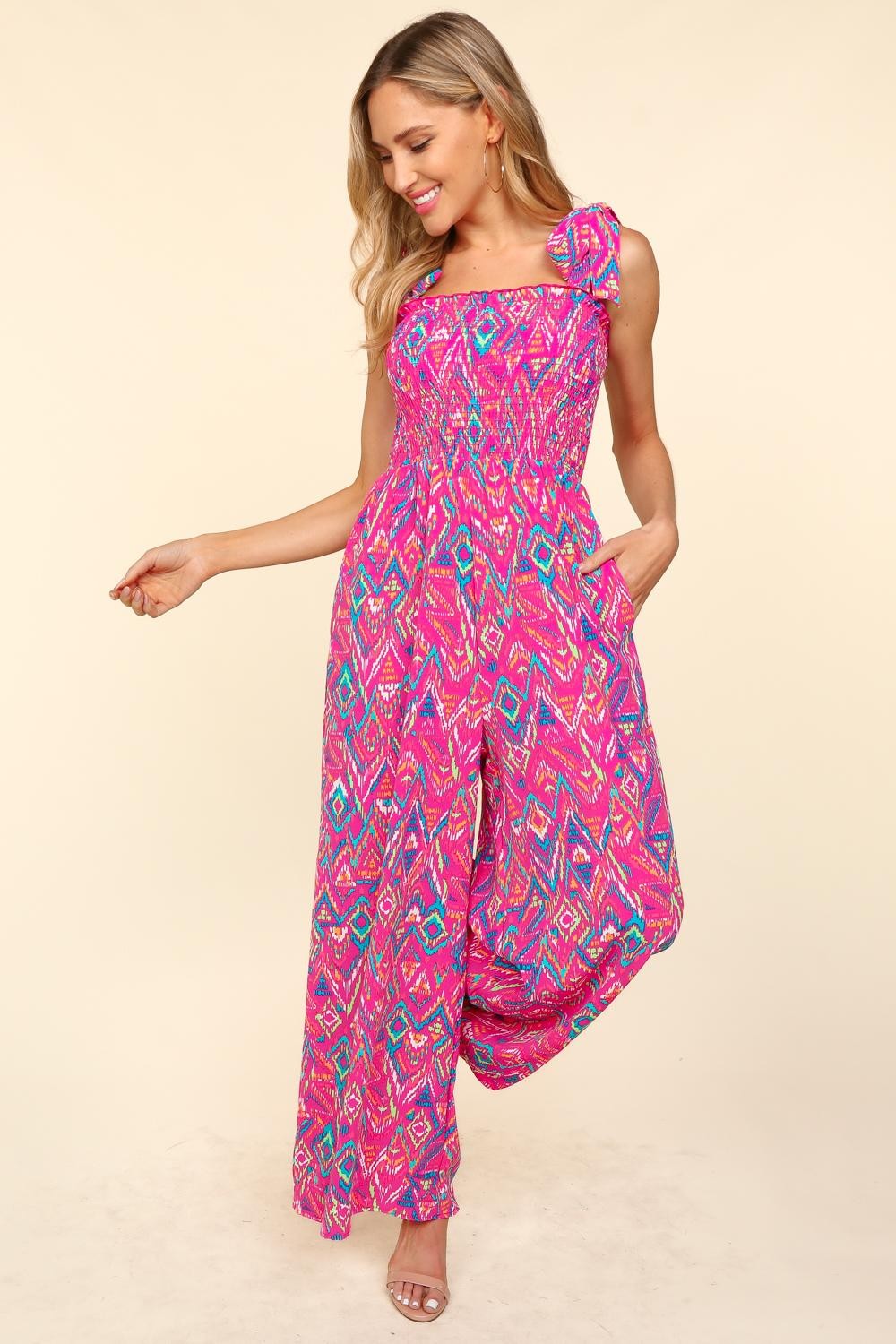 Haptics Printed Smocked Sleeveless Jumpsuit