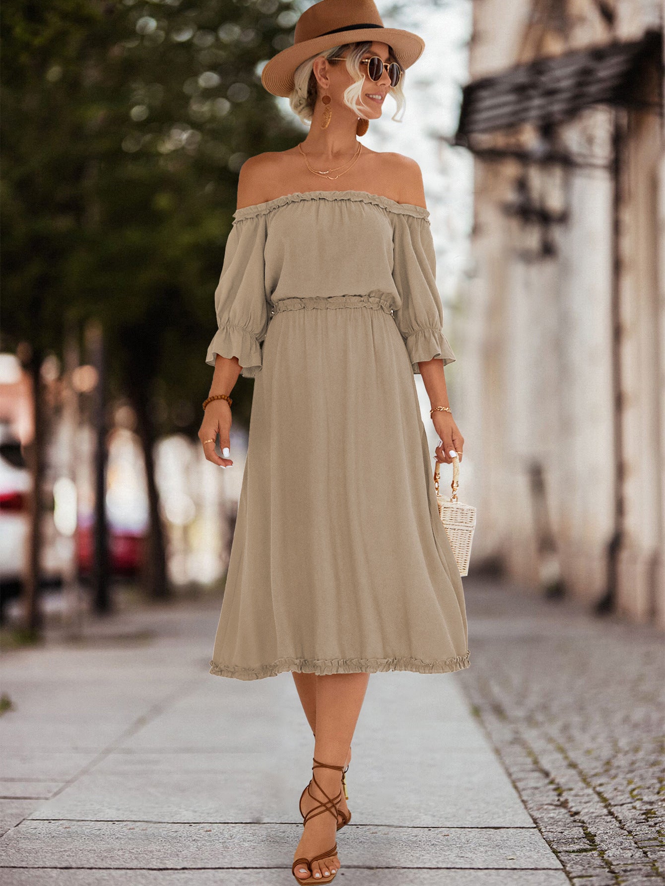 Frilled Off-Shoulder Flounce Sleeve Dress