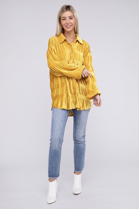 Wrinkle Effect Tiered Shirring Velvet Shirt by Bibi