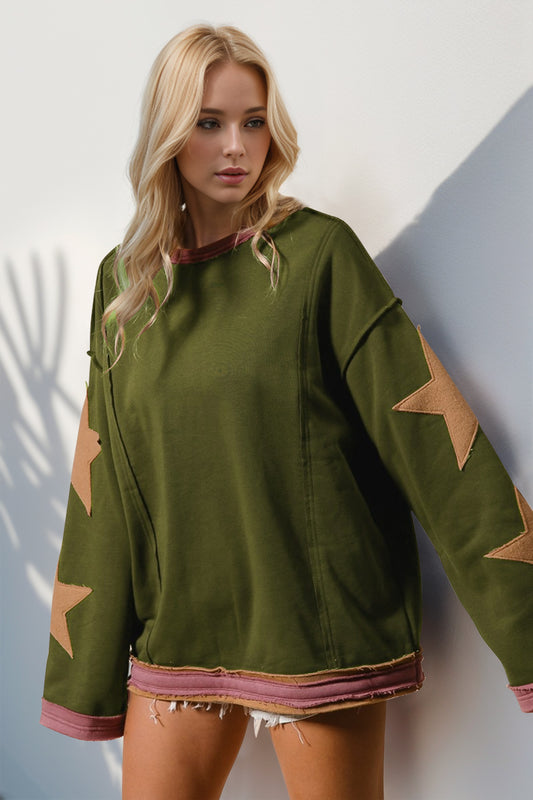 Double Take Star Patched Long Sleeve Sweatshirt