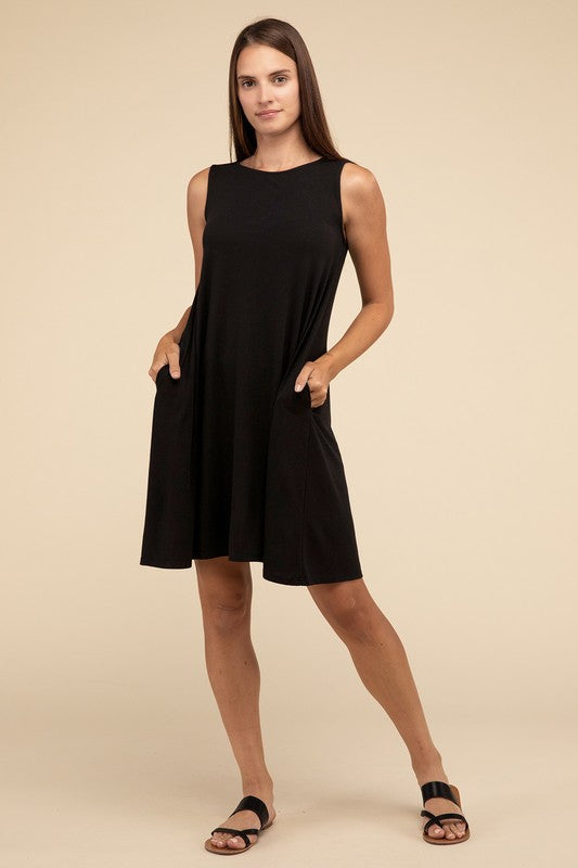 Sleeveless Flared Dress with Side Pockets