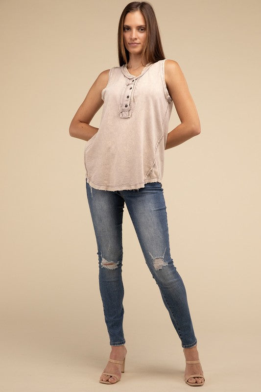 Washed Half-Button Raw Edge Sleeveless Henley Top