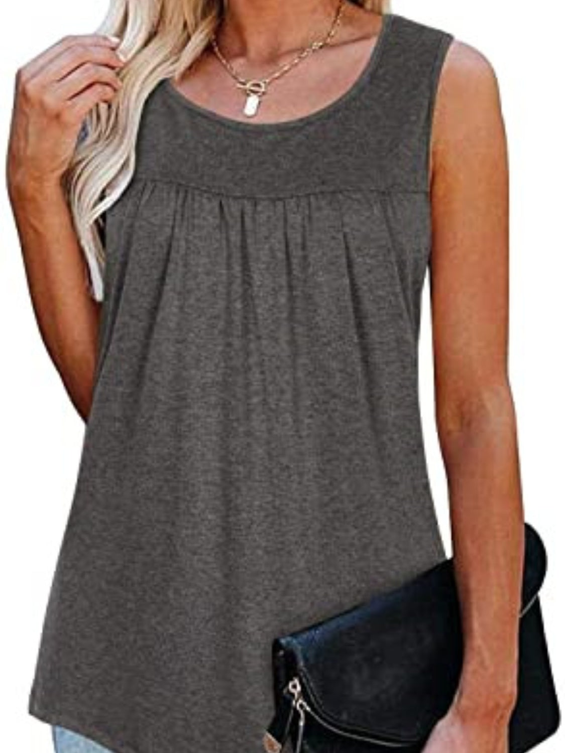 Round Neck Wide Strap Ruched Tank