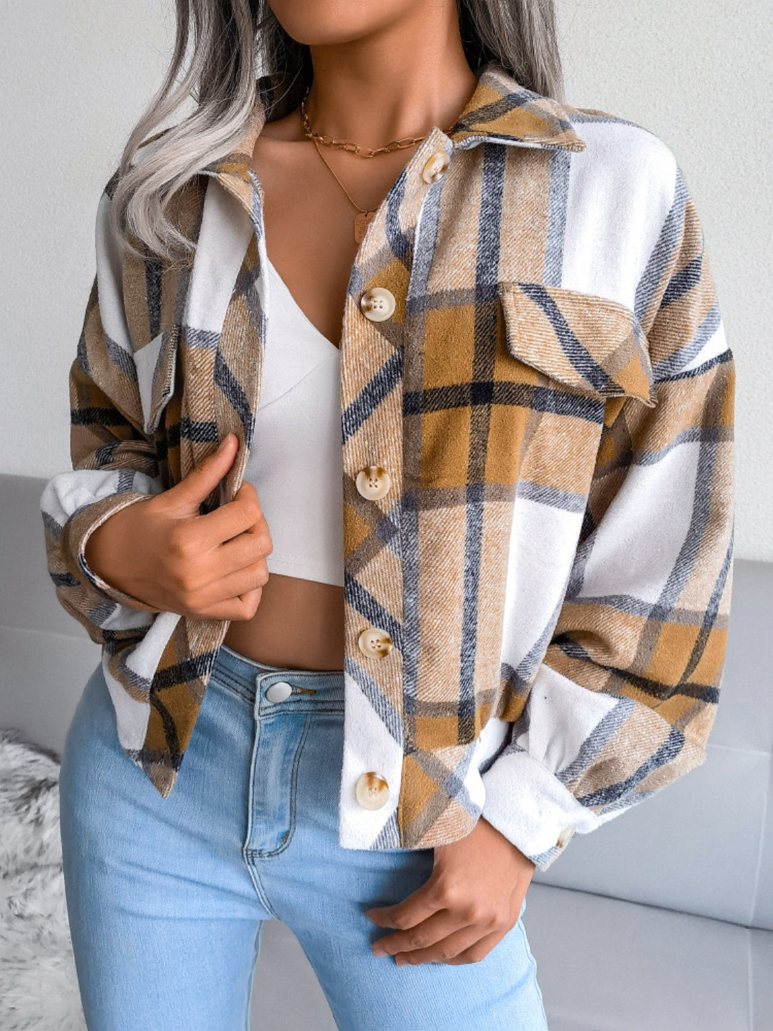 Plaid Collared Neck Long Sleeve Jacket