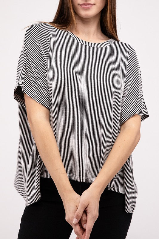 Zenana Ribbed Striped Oversized Short Sleeve Top